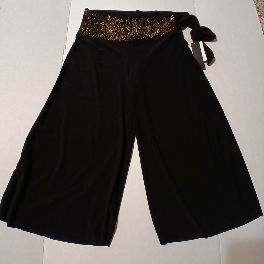 ING Women Large Black Wide Leg Pants High Rise Gold Sequin Waist Pull On